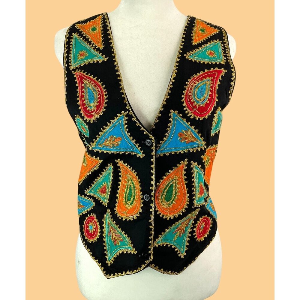 Vintage Indian Rayon Vest With Vibrant Paisley Embroidery & Button Front Closure